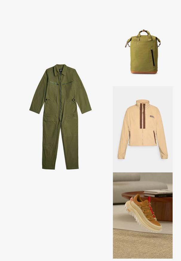 Beige Fleecejacke mit hohem Kragen, ausgestattet mit braunen vertikalen Streifen und einem Reißverschluss, abgerundet mit seitlichen Taschen und einem Logopatch.; Olivgrüner Overall aus Baumwollstoff, mit langen Ärmeln, einem Frontreißverschluss, zwei Brusttaschen und mehreren Funktionstaschen.; Brauner und beigefarbener Wanderschuh mit rotem Zungenlasche, dicker weißer Sohle und Schnürsenkeln im Seil-Stil, schwebt über einem gewebten beigen Teppich drinnen.; Grüner wasserdichter Rucksack mit Rolltop-Design, ausgestattet mit einer Front-Reißverschlusstasche, braunen Lederelementen und stabilen Stoffriemen.