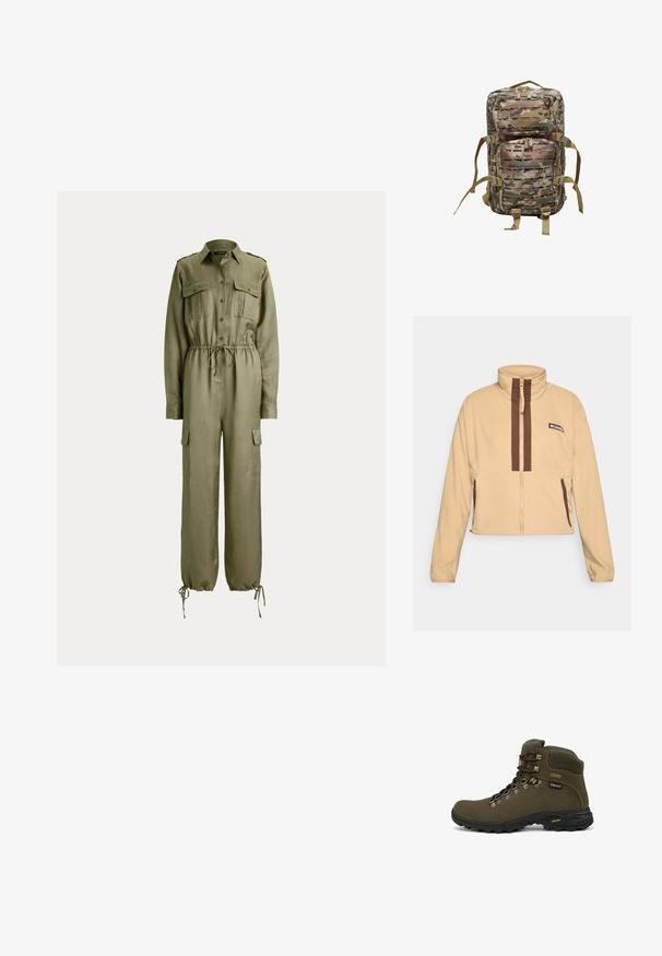 Chaqueta de forro polar beige con cuello alto, con rayas verticales marrones y cierre de cremallera, acentuada con bolsillos laterales y un parche con el logo.; Mono verde oliva de manga larga con bolsillos en el pecho con botones, cintura y puños con cordón ajustable, y bolsillos cargo en las piernas.; Bota de senderismo alta marrón con suela negra, ojales de metal, etiqueta Gore-Tex y cuello acolchado diseñada para uso al aire libre.; Mochila de camuflaje hecha de un tejido duradero, con múltiples bolsillos, correas ajustables y un respaldo acolchado para mayor comodidad.