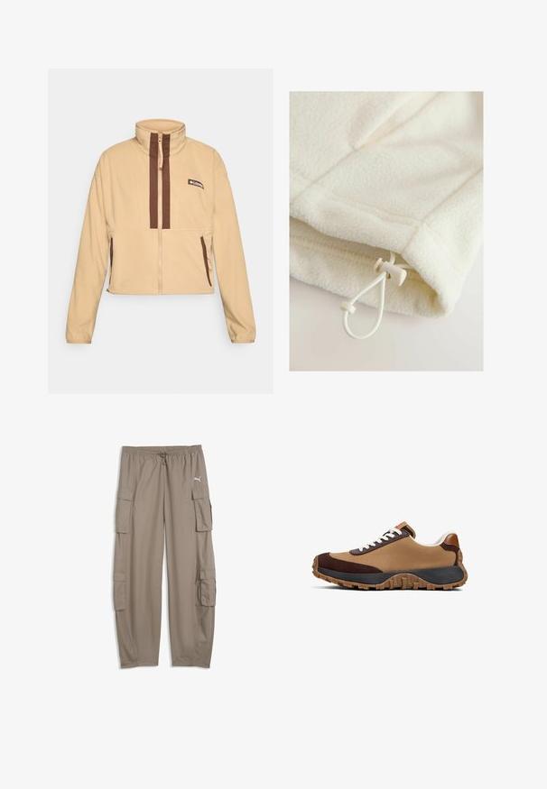 Chaqueta de forro polar beige con cuello alto, con rayas verticales marrones y cierre de cremallera, acentuada con bolsillos laterales y un parche con el logo.; Prenda de forro polar en color blanco roto con textura suave, que cuenta con un cierre de botón de palanca y un cordón para ajuste en el dobladillo.; Pantalones cargo de corte ancho de color marrón claro con cintura con cordón y bolsillos con solapa en cada pierna, con un pequeño logo blanco de Puma en el lado derecho.; Zapatilla con parte superior de textil marrón claro, acentos de ante marrón oscuro, cordones blancos y suela de goma negra y marrón con patrón.