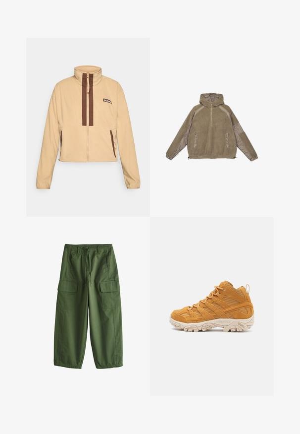 Beige Fleecejacke mit hohem Kragen, ausgestattet mit braunen vertikalen Streifen und einem Reißverschluss, abgerundet mit seitlichen Taschen und einem Logopatch.; Fleece-Hoodie in Hellbraun mit einem halben Reißverschluss auf der Vorderseite, elastischen Bündchen, Seitentaschen und kontrastierenden, glatten Stoffakzenten.; Olivgrüne Cargohosen mit Kordelzugbund, Gürtelschlaufen, seitlichen Klappentaschen und weitem Bein.; Hochformat-Wanderstiefel aus senfgelbem Wildleder, mit strukturierten Überzügen, einer verstärkten Zehenkappe und einer g creamfarbenen Gummisohle.