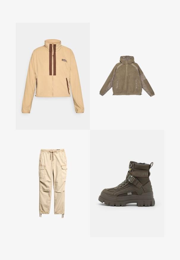 Beige fleece jakke med høj krave, der har brune lodrette striber og lynlås, pyntet med sidelommer og et logo-patch.; Fleece hættetrøje i lys brun med halv lynlås fortil, elastiske manchetter, sidelommer og kontrasterende glatte stofdetaljer.; Beige cargobukser lavet af letvægtsstof. Indeholder elastisk talje, snøre og flere sidelommer med afsmalnende ben.; Buffalo ASPHA LACEUP MID - Snørestøvletter - khaki