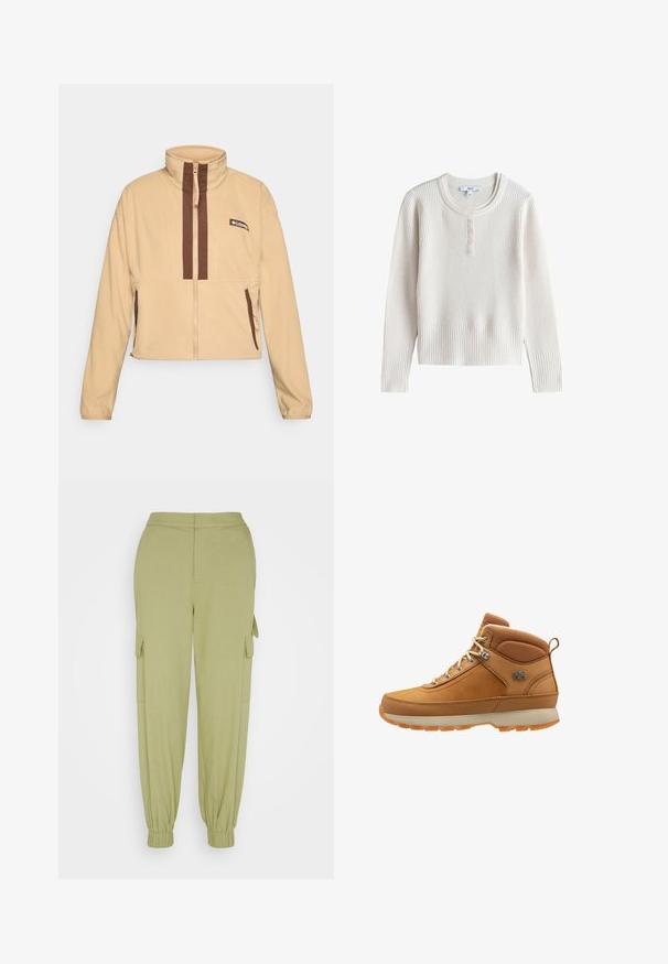 Chaqueta de forro polar beige con cuello alto, con rayas verticales marrones y cierre de cremallera, acentuada con bolsillos laterales y un parche con el logo.; Jersey de punto acanalado color crema de manga larga con cuello redondo y cinco pequeños botones en la tapeta delantera.; Selected SLFCILLE PANT - Pantalones cargo - basil; Botas de senderismo marrones que combinan cuero y malla, diseño de media altura, suela beige y un logo prominente en el costado.
