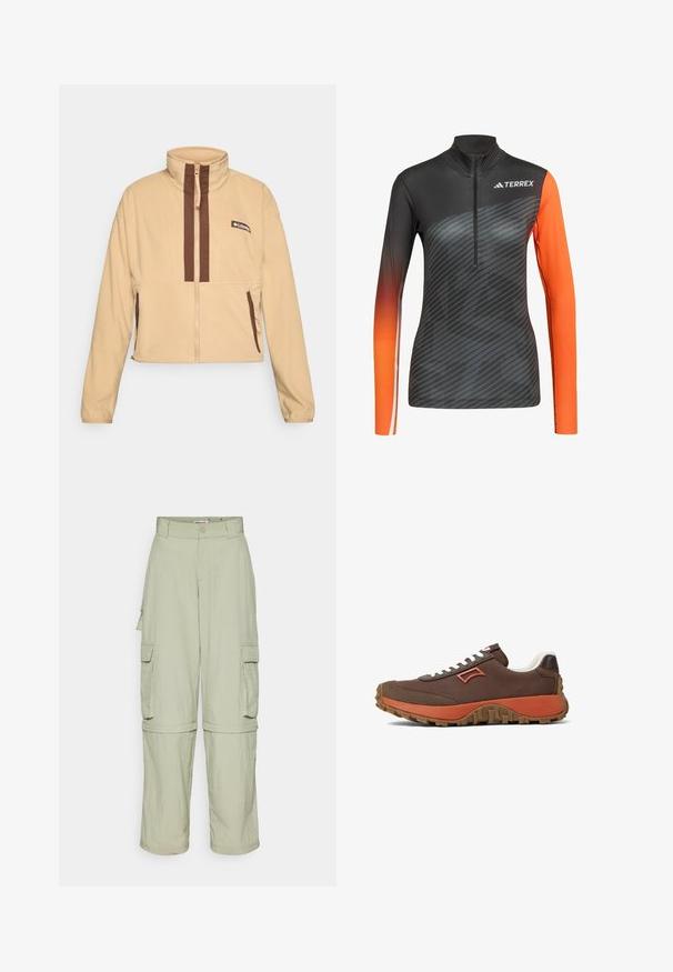 Beige fleece jack met hoge kraag, voorzien van bruine verticale strepen en een ritssluiting, afgewerkt met zijzakken en een logopatch.; Sportshirt met lange mouwen en een halve ritssluiting bij de kraag. Het lichaam is donkergrijs met een oranje verloopmouw en een diagonale streepjespatroon.; Lichtbeige cargobroek met riemlussen, zijflapzakken en ritsbenen die kunnen worden omgevormd tot shorts.; Bruine stoffen sneakers met witte veters, oranje accenten en een getextureerde brown rubberen zool. Beschikt over een onderscheidend zijembleem.