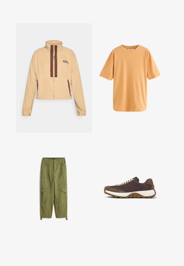 Beige Fleecejacke mit hohem Kragen, ausgestattet mit braunen vertikalen Streifen und einem Reißverschluss, abgerundet mit seitlichen Taschen und einem Logopatch.; Kurzärmeliges, rundhalsiges T-Shirt aus weicher, hellorangefarbener Baumwolle. Lockere Passform mit glatter Textur und ohne sichtbare Muster oder Verzierungen.; Olivgrüne Cargo-Hosen mit strukturierter Oberfläche, die über zwei Vordertaschen, zusätzliche Seitentaschen und verstellbare Bündchen am Saum verfügen.; Brauner Sneaker mit weißen Schnürsenkeln, ausgestattet mit einem strukturierten Obermaterial und einer robusten Gummisohle, auf einem weißen Hintergrund präsentiert.