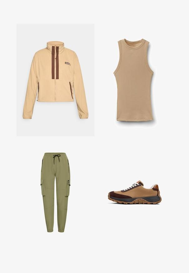 Chaqueta de forro polar beige con cuello alto, con rayas verticales marrones y cierre de cremallera, acentuada con bolsillos laterales y un parche con el logo.; Top sin mangas beige de canalé con cuello redondo, corte ajustado y textura de tela suave sobre fondo blanco.; Pantalones cargo color verde olivo con cinturilla elástica y cordón ajustable. Cuenta con dos bolsillos con cremallera en los laterales y dos grandes bolsillos cargo.; Zapatilla con parte superior de textil marrón claro, acentos de ante marrón oscuro, cordones blancos y suela de goma negra y marrón con patrón.