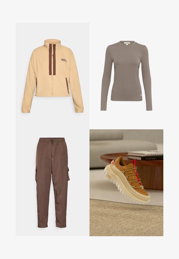Chaqueta de forro polar beige con cuello alto, con rayas verticales marrones y cierre de cremallera, acentuada con bolsillos laterales y un parche con el logo.; Camiseta de manga larga en marrón claro, fabricada en tejido elástico. Presenta un escote redondo y costuras planas, con una pequeña etiqueta de logo en la parte inferior izquierda.; Nike Sportswear ESSNTL - Pantalones cargo - baroque brown/sail; Zapato de senderismo marrón y beige con lengüeta roja para tirar, suela blanca gruesa y cordones estilo cuerda, flotando sobre una alfombra beige tejida en el interior.