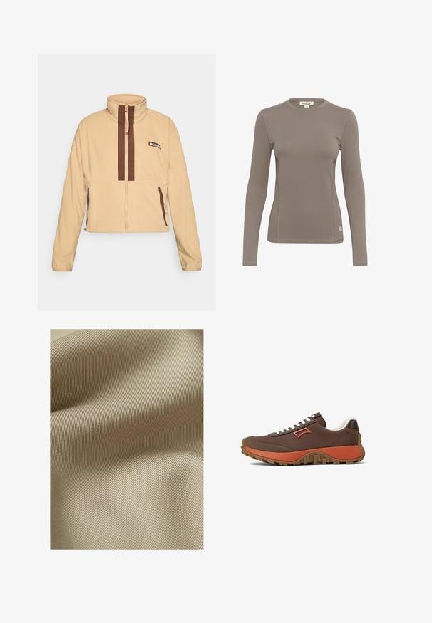 Beige fleece jack met hoge kraag, voorzien van bruine verticale strepen en een ritssluiting, afgewerkt met zijzakken en een logopatch.; Langermige top in lichtbruin, gemaakt van rekbare stof. Heeft een ronde halslijn en platte naden, met een klein logo-label aan de onderkant links.; Beige gestructureerde stof met een fijn, ribbelpatroon. Het materiaal lijkt glad met een subtiele glans en valt zacht in plooien.; Bruine stoffen sneakers met witte veters, oranje accenten en een getextureerde brown rubberen zool. Beschikt over een onderscheidend zijembleem.