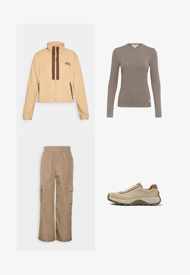 Beige fleece jakke med høj krave, der har brune lodrette striber og lynlås, pyntet med sidelommer og et logo-patch.; Langærmet top i lys brun, lavet af strækbart stof. Har en rund halsudskæring og flade sømme, med et lille logo-tag nederst til venstre.; Even&Odd Cargobukser - beige; Beige lavtop sneaker med hvide snørrebånd, ruskind og glat overdel, tyk beige mellemsål og olivengrøn tekstureret gummiydersål.