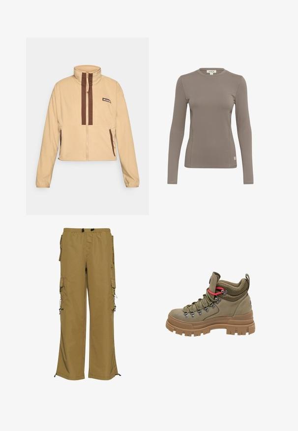 Beige fleece jack met hoge kraag, voorzien van bruine verticale strepen en een ritssluiting, afgewerkt met zijzakken en een logopatch.; Langermige top in lichtbruin, gemaakt van rekbare stof. Heeft een ronde halslijn en platte naden, met een klein logo-label aan de onderkant links.; Khaki cargobroek met een elastische tailleband, meerdere zijvakken en verstelbare manchetten. Gemaakt van een duurzaam materiaal met een gladde textuur.; Hoge wandelboot in olijfgroen met dikke bruine rubberen zool, mesh gevoerde kraag, metalen veteroogjes en rode accent veterlus.