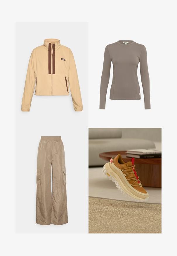 Beige Fleecejacke mit hohem Kragen, ausgestattet mit braunen vertikalen Streifen und einem Reißverschluss, abgerundet mit seitlichen Taschen und einem Logopatch.; Langärmliges Oberteil in Hellbraun, aus dehnbarem Stoff. Mit einem Rundhalsausschnitt und flachen Nähten, versehen mit einem kleinen Logotag am unteren linken Rand.; Even&Odd Tall Cargohose - beige; Brauner und beigefarbener Wanderschuh mit rotem Zungenlasche, dicker weißer Sohle und Schnürsenkeln im Seil-Stil, schwebt über einem gewebten beigen Teppich drinnen.