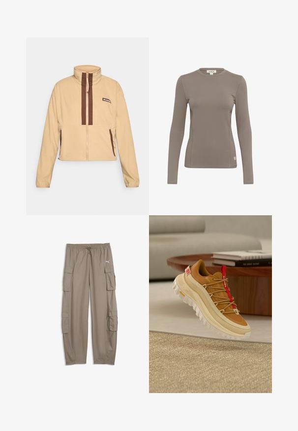 Beige Fleecejacke mit hohem Kragen, ausgestattet mit braunen vertikalen Streifen und einem Reißverschluss, abgerundet mit seitlichen Taschen und einem Logopatch.; Langärmliges Oberteil in Hellbraun, aus dehnbarem Stoff. Mit einem Rundhalsausschnitt und flachen Nähten, versehen mit einem kleinen Logotag am unteren linken Rand.; Hellbraune, locker sitzende Cargohosen mit Kordelzugbund und Klappentaschen an jedem Bein, mit einem kleinen weißen Puma-Logo auf der rechten Seite.; Brauner und beigefarbener Wanderschuh mit rotem Zungenlasche, dicker weißer Sohle und Schnürsenkeln im Seil-Stil, schwebt über einem gewebten beigen Teppich drinnen.