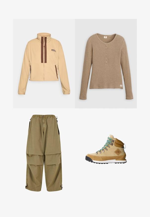 Chaqueta de forro polar beige con cuello alto, con rayas verticales marrones y cierre de cremallera, acentuada con bolsillos laterales y un parche con el logo.; Camisa henley de punto gofre beige de manga larga con escote redondo y tapeta con cinco botones, presentada plana sobre fondo blanco.; Pantalones cargo color caqui con cintura elástica, grandes bolsillos frontales y puños ajustables. Están hechos de una tela ligera con una textura suave.; Botas de senderismo en color beige con una parte superior de ante y lona, con cordones turquesa, cuello acolchado y suela de goma negra que presenta un patrón de agarre texturizado.