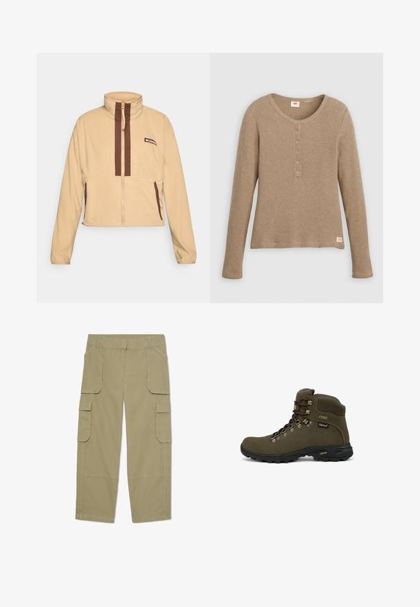 Chaqueta de forro polar beige con cuello alto, con rayas verticales marrones y cierre de cremallera, acentuada con bolsillos laterales y un parche con el logo.; Camisa henley de punto gofre beige de manga larga con escote redondo y tapeta con cinco botones, presentada plana sobre fondo blanco.; Pantalones cargo caqui con múltiples bolsillos con solapa en la parte delantera y los laterales, diseño de pierna recta y trabillas en la cintura.; Bota de senderismo alta marrón con suela negra, ojales de metal, etiqueta Gore-Tex y cuello acolchado diseñada para uso al aire libre.