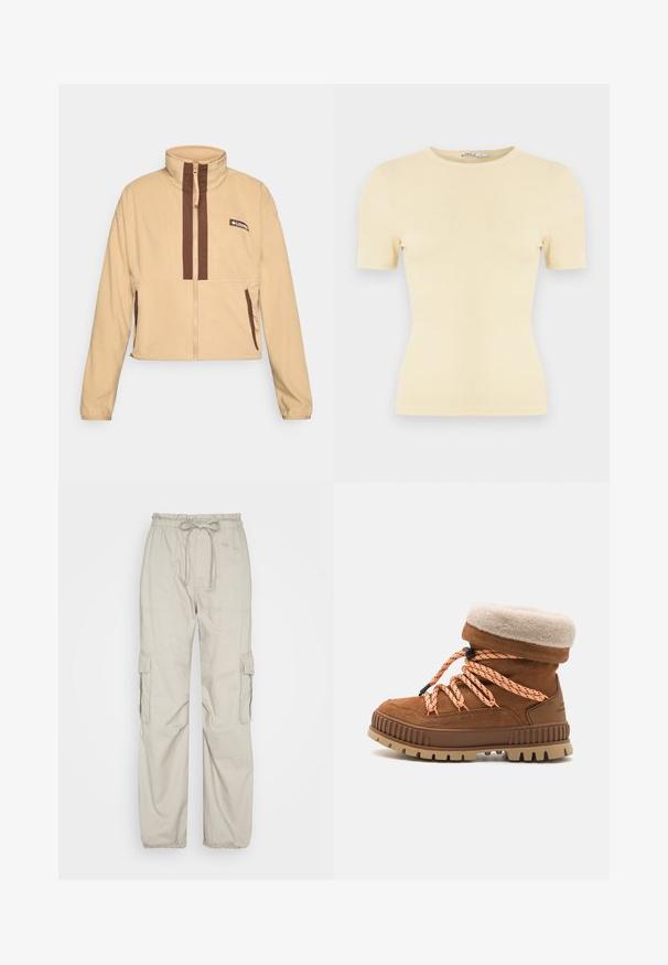 Beige fleece jack met hoge kraag, voorzien van bruine verticale strepen en een ritssluiting, afgewerkt met zijzakken en een logopatch.; Lichtgele geribbelde T-shirt met korte mouwen en een ronde halslijn, met een aansluitende pasvorm, zachte textuur en minimalistisch ontwerp.; Abercrombie & Fitch TIE WAIST BAGGY PANT - Cargobroek - porpoise; Bruine suède laars met een beige nepbonten bovenrand, oranje en zwarte gevlekte veters, en een robuuste tan zool. Is voorzien van een gevoerde kraag voor comfort.