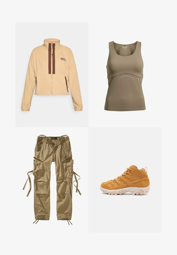 Beige Fleecejacke mit hohem Kragen, ausgestattet mit braunen vertikalen Streifen und einem Reißverschluss, abgerundet mit seitlichen Taschen und einem Logopatch.; Ärmelloses, olivgrünes Sporttanktop mit rundem Ausschnitt und einer dezenten, gebogenen reflektierenden Linie über dem Mittelteil.; Khakifarbene Cargo-Hose aus Baumwolle mit mehreren Seitentaschen, Kordelzügen an den Knöcheln und Knopfakzenten. Klare Linien und strapazierfähiger Stoff.; Hochformat-Wanderstiefel aus senfgelbem Wildleder, mit strukturierten Überzügen, einer verstärkten Zehenkappe und einer g creamfarbenen Gummisohle.