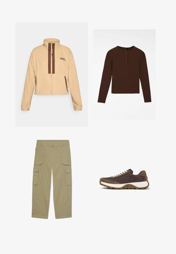 Beige fleece jakke med høj krave, der har brune lodrette striber og lynlås, pyntet med sidelommer og et logo-patch.; Brun langærmet skjorte lavet af ribbet materiale med rund hals, fem knapper og en lige kant.; Khakifarvede cargobukser med flere klaplommer foran og på siderne, lige ben og bæltestropper i taljen.; Brun sneakers med hvide snørebånd, med en tekstureret overdel og en robust gummisål, vist på en hvid baggrund.