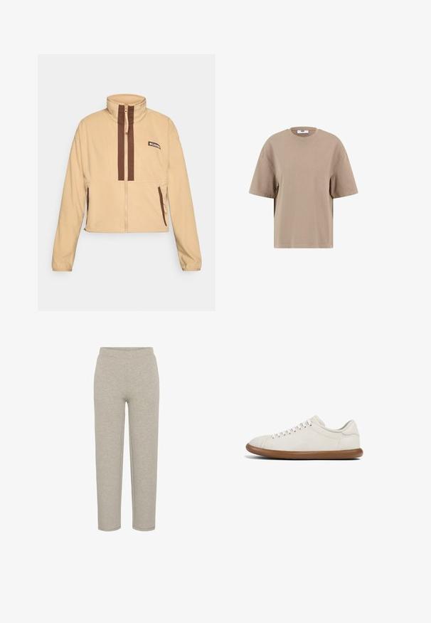 Chaqueta de forro polar beige con cuello alto, con rayas verticales marrones y cierre de cremallera, acentuada con bolsillos laterales y un parche con el logo.; Camiseta de manga corta de suave algodón beige, con un cuello redondo, ajuste relajado y un diseño minimalista sin patrones.; Pantalones de mezcla de algodón de color gris claro, suaves, con una cintura elástica y un diseño de pierna recta, sin bolsillos visibles ni adornos.; Zapatillas color beige claro hechas de una tela suave con una textura lisa. Punta redondeada, seis ojales y una suela de goma marrón flexible.