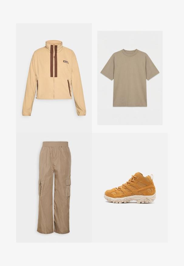 Chaqueta de forro polar beige con cuello alto, con rayas verticales marrones y cierre de cremallera, acentuada con bolsillos laterales y un parche con el logo.; Camiseta beige lisa de manga corta con cuello redondo, extendida sobre un fondo blanco, sin patrones ni logotipos visibles.; Even&Odd Pantalones cargo - beige; Zapatilla de senderismo alta en gamuza amarilla mostaza, con superposiciones texturizadas, una puntera reforzada y una suela exterior de goma color crema.