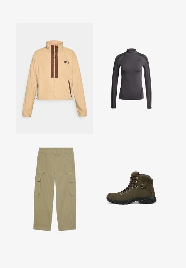 Chaqueta de forro polar beige con cuello alto, con rayas verticales marrones y cierre de cremallera, acentuada con bolsillos laterales y un parche con el logo.; Top gris de manga larga con un cuello alto, que presenta un tejido texturizado y franjas negras decorativas en los hombros, con un logo de Adidas en el pecho.; Pantalones cargo caqui con múltiples bolsillos con solapa en la parte delantera y los laterales, diseño de pierna recta y trabillas en la cintura.; Bota de senderismo alta marrón con suela negra, ojales de metal, etiqueta Gore-Tex y cuello acolchado diseñada para uso al aire libre.