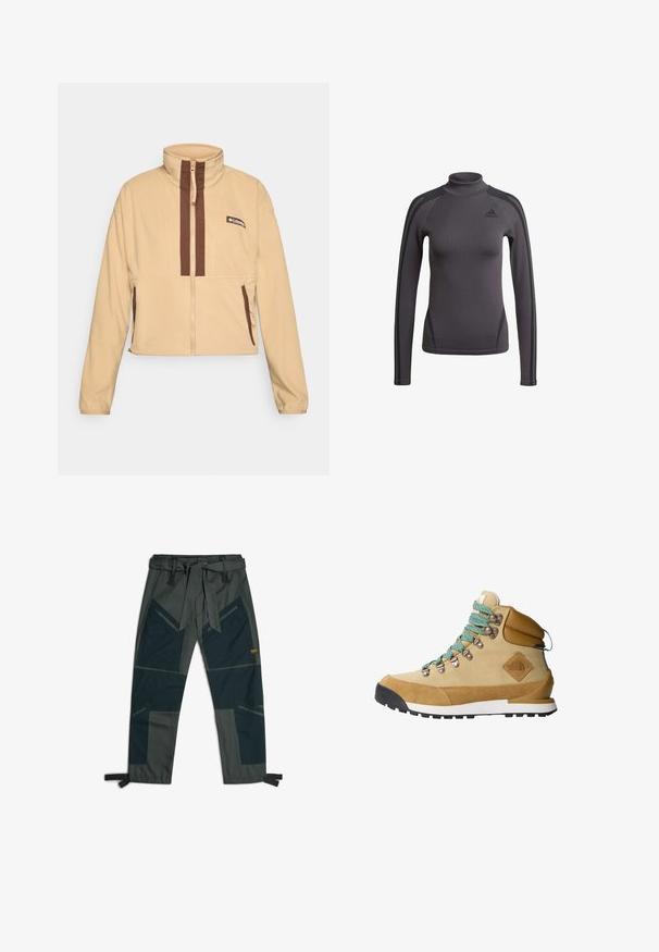 Beige Fleecejacke mit hohem Kragen, ausgestattet mit braunen vertikalen Streifen und einem Reißverschluss, abgerundet mit seitlichen Taschen und einem Logopatch.; Graues Langarmshirt mit hohem Kragen, strukturiertem Stoff und schwarzen Akzentstreifen auf den Schultern, mit einem Adidas-Logo auf der Brust.; Hose mit einem Gürtel, die eine Kombination aus dunkelgrünem und grauem Stoff aufweist, ein eckiges Patchwork-Design, mehrere Taschen und verstellbare Knöchelriemen hat.; Beige Wanderschuh mit einem Obermaterial aus Wildleder und Canvas, türkisfarbenen Schnürsenkeln, gepolstertem Schaft und schwarzem Gummisohle mit strukturiertem Grip-Muster.