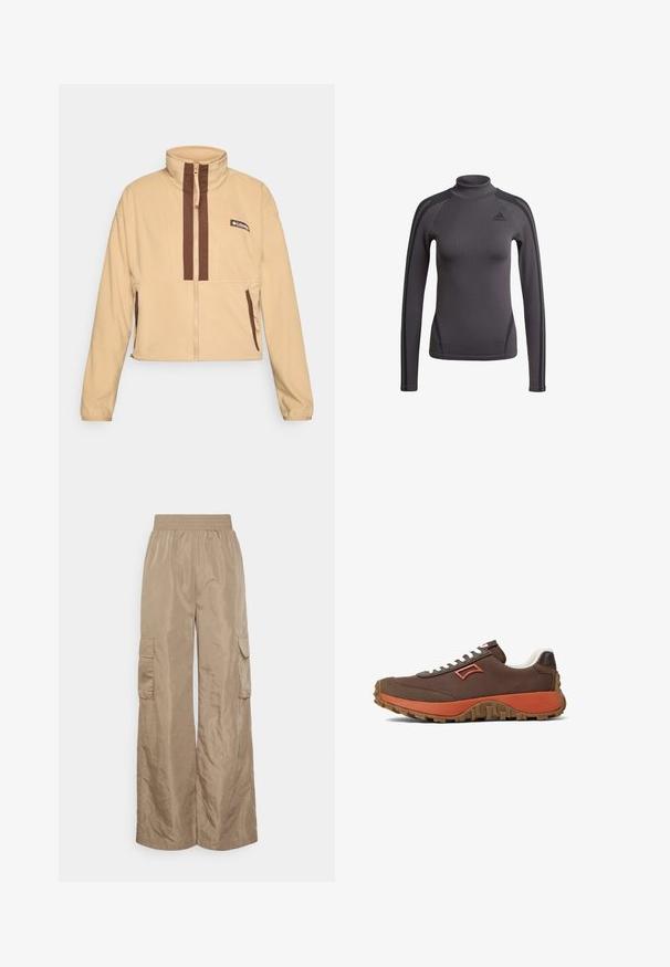 Beige Fleecejacke mit hohem Kragen, ausgestattet mit braunen vertikalen Streifen und einem Reißverschluss, abgerundet mit seitlichen Taschen und einem Logopatch.; Graues Langarmshirt mit hohem Kragen, strukturiertem Stoff und schwarzen Akzentstreifen auf den Schultern, mit einem Adidas-Logo auf der Brust.; Even&Odd Tall Cargohose - beige; Braune Stoff-Sneaker mit weißen Schnürsenkeln, orangefarbenen Akzenten und strukturiertem braunem Gummi-Außensohle. Verfügt über ein markantes Emblem an der Seite.