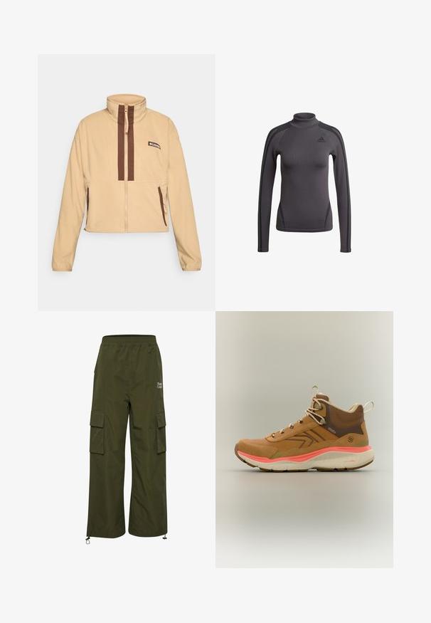 Beige fleece jakke med høj krave, der har brune lodrette striber og lynlås, pyntet med sidelommer og et logo-patch.; Grå langærmet top med høj krave, der har tekstureret stof og sorte accentstriber på skuldrene, med et Adidas-logo på brystet.; TheJoggConcept JCFIA - Cargobukser - rifle green; Brun højtop vandrestøvle med beige snørebånd, polstret ankelkrave, koralfarvet mellemsål og tekstureret gummiydersål på ensartet baggrund.