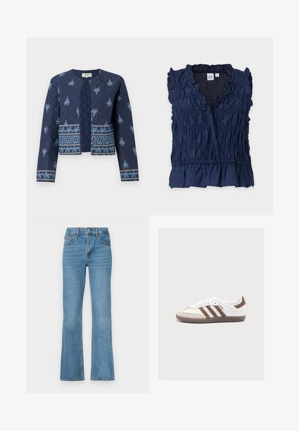 Veste matelassée bleu marine avec des motifs floraux brodés bleus. Caractéristiques d'un col rond et d'une ouverture sur le devant, avec des manches longues et des accents texturés.; Blouse sans manches bleu marine avec emmanchures à volants, détail élastiqué froncé, lien à l’encolure et ourlet légèrement évasé.; Jean en denim bleu clair évasé, doté d'une taille haute, d'un design standard à cinq poches et de coutures décoratives le long des coutures.; Baskets blanches Adidas Samba avec des bandes en daim marron, un patch marron au talon, un bout beige et une semelle en caoutchouc translucide, vues de côté.