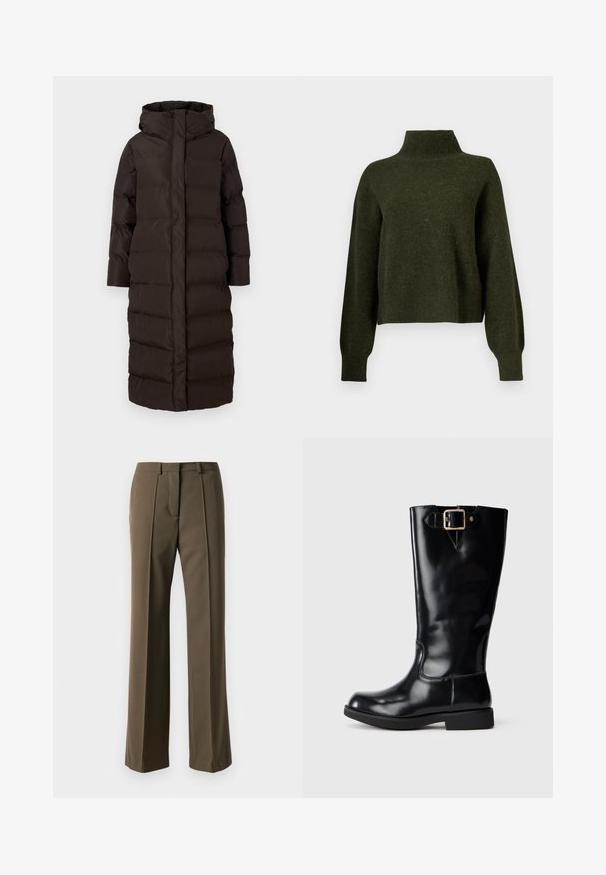 Vatteret lang frakke i mørkebrun med høj krave og hætte. Glat stof med horisontale syninger for isolering og varme.; Olivengrøn, cropped sweater med høj hals og lange, løse ærmer. Fremstillet af blødt materiale med en let fuzzy tekstur.; Brune skræddersyede bukser med lige pasform, plisseret front og klassisk talje. Fremstillet af glat stof med en raffineret finish.; Sorte knæhøje støvler lavet af glat, skinnende læder. Har en guldfarvet spænde og en lav, flad sål med diskrete syningsdetaljer.