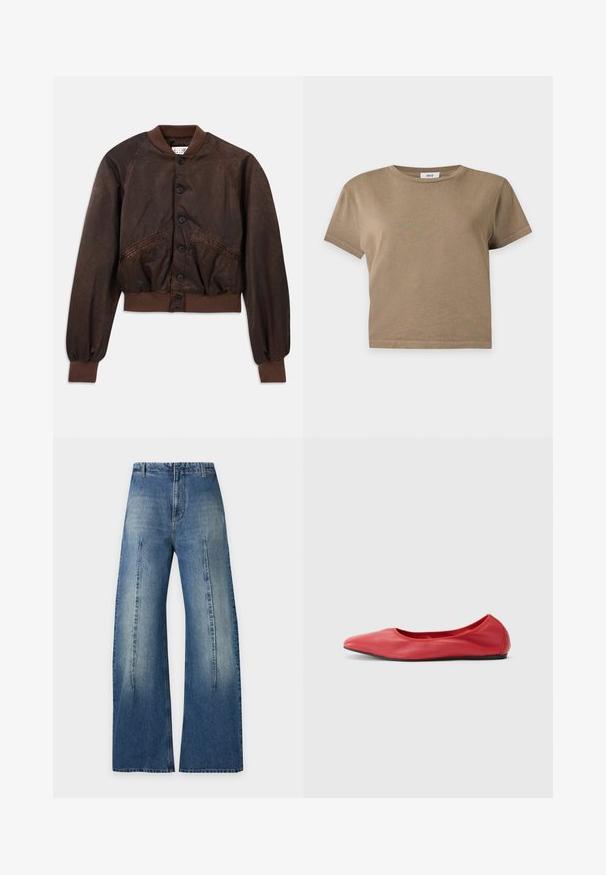 Καφέ bomber jacket με γυαλιστερή υφή, ράγες μανίκια, ελαστικές μανσέτες και στρίφωμα, και μαύρα κουμπιά στην μπροστινή πλευρά.; Απλό καφέ κοντομάνικο κοντό μπλουζάκι με στρογγυλή λαιμόκοψη σε ανοιχτό γκρι φόντο.; Τζιν denim μπλε με ψηλή μέση, φαρδιά μπατζάκια, έντονες μπροστινές ραφές, ξεθωριασμένο ξέπλυμα και χωρίς ορατές τσέπες, σε λευκό φόντο.; Filippa K REY FLATS - Μπαλαρίνες - bright red