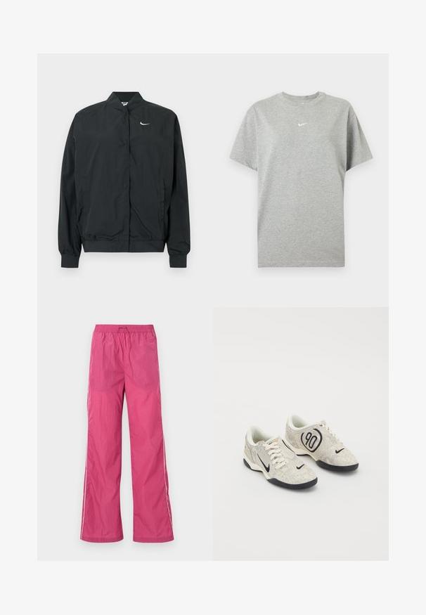 Μαύρο μπουφάν Nike με ελαφριά, απαλή υφή. Διαθέτει ψηλό γιακά, κλείσιμο με κουμπιά μπροστά και μικρό λευκό λογότυπο στο στήθος.; Γκρι βαμβακερό T-shirt με κοντά μανίκια, στρογγυλή λαιμόκοψη και μικρό λευκό λογότυπο Nike swoosh στο κέντρο του στήθους.; Ροζ ελαφριά παντελόνια με κορδόνι στη μέση, ευρύχωρο σχέδιο ποδιών και λευκές ρίγες στο πλάι. Λείος υφασμάτινος τύπος, κατάλληλος για καθημερινή χρήση.; Nike αθλητικά παπούτσια με μπεζ και γκρί υφή, μαύρες λεπτομέρειες, μεγάλο λογότυπο "90" και λευκό κορδόνι. Μαύρη σόλα.