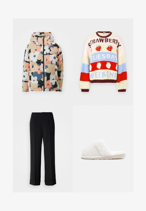 Veste à capuche matelassée avec imprimé floral multicolore, présentant de grandes fleurs beiges, noires, roses et bleu marine sur fond crème. Fermeture à glissière sur le devant, poches.; Pull en maille avec rayures multicolores en crème, rouge et bleu, orné de motifs de fruits et de textes indiquant "FRAISE", "MARDI" et "WEEK-END".; Pantalons larges noirs au design ajusté, avec une finition à la cheville et une texture de tissu lisse pour une apparence soignée.; Chausson blanc avec une bande en fausse fourrure douce, tige en feutre, semelle matelassée et fond en caoutchouc texturé pour l'adhérence. Design simple et arrondi.