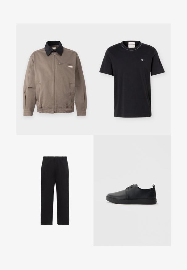 Veste grise avec un col noir, fermeture éclair sur le devant et une poche poitrine. Dispose de poignets et d'une taille élastiques, fabriquée en tissu durable.; T-shirt noir à manches courtes et col rond avec petit logo blanc "cK" sur le côté gauche de la poitrine, coupe classique, design simple.; Pantalon noir droit avec passants pour ceinture, braguette zippée à l'avant et poches latérales, présenté sur fond blanc.; Baskets en cuir noir avec une finition lisse, bout arrondi, coutures ton sur ton, devant à lacets et semelle plate en caoutchouc. Anse au talon.