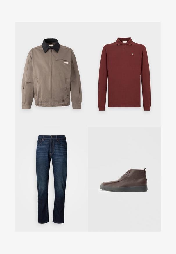 Veste grise avec un col noir, fermeture éclair sur le devant et une poche poitrine. Dispose de poignets et d'une taille élastiques, fabriquée en tissu durable.; Polo-shirt à manches longues bordeaux en coton, arborant un col classique, une patte de boutonnage à trois boutons et un petit logo brodé sur la poitrine.; Jeans droits bleu marine avec des lignes horizontales décolorées sur les cuisses, fermeture à bouton à l'avant et design classique à cinq poches.; Bottines en cuir marron avec une surface texturée, un bout arrondi et doux, et une semelle en caoutchouc grise, dotées de deux œillets pour les lacets.