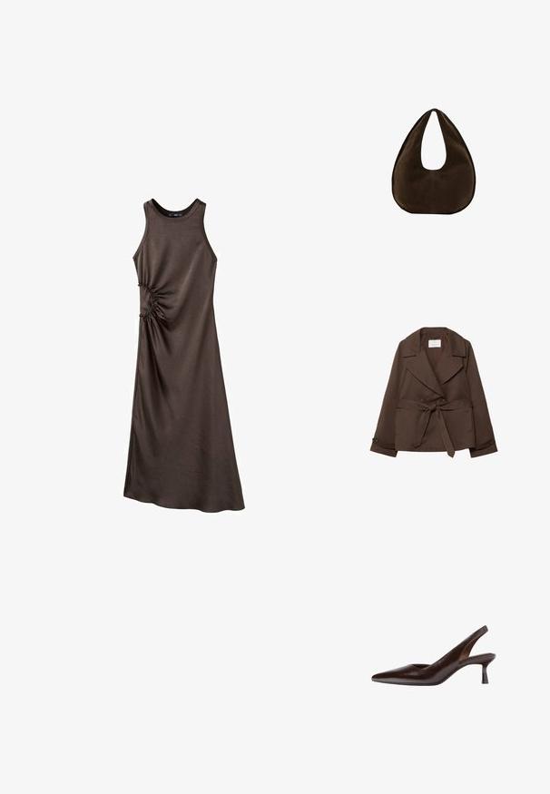 Veste en mélange de coton marron avec une double boutonnage à l'avant, des revers larges, des poches latérales et une ceinture à nouer. Texture lisse et coupe ajustée.; Robe marron sans manches en tissu lisse avec un détail froncé sur le côté, présentant une silhouette longue et droite ainsi qu'un col rond.; Chaussure slingback en cuir brun foncé à talon kitten avec bout pointu et talon fin de hauteur moyenne sur fond blanc.; Sac à main en daim marron foncé en forme de croissant avec une seule sangle large et une texture lisse sur fond blanc.