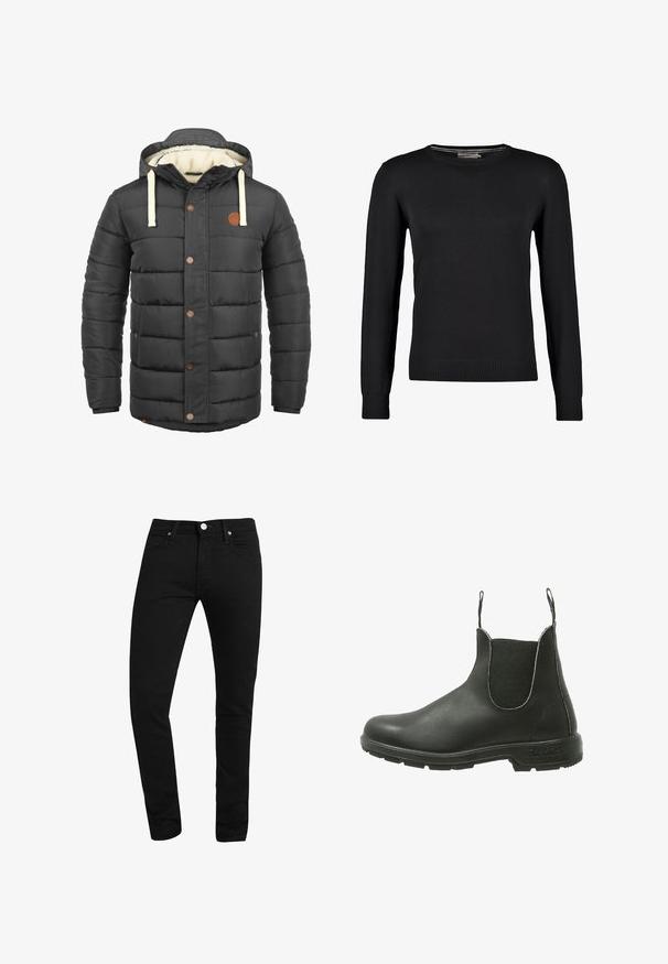 Veste noire matelassée avec capuche, dotée de cordons beiges, d'accents de boutons marron et d'une doublure intérieure douce de couleur crème.; Pull en tricot noir à manches longues, col rond, avec des poignets et un ourlet côtelés. Texture lisse et coupe ajustée.; Jean slim noir avec poches avant, passants de ceinture, fermeture à bouton et coutures visibles sur fond blanc.; Bottine Chelsea en cuir noir avec des panneaux latéraux élastiques, un bout rond et une semelle en caoutchouc texturé, conçue pour un enfilage facile.