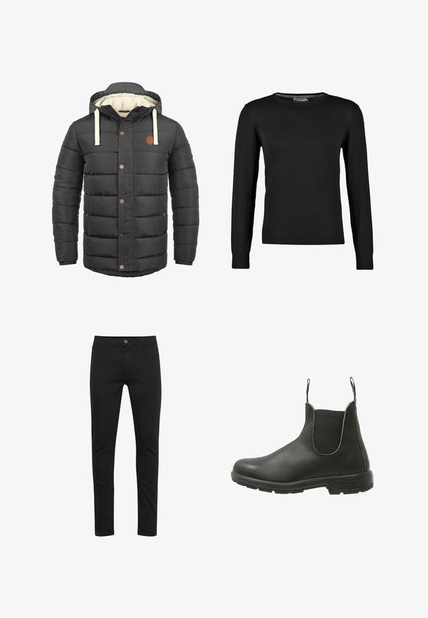 Veste noire matelassée avec capuche, dotée de cordons beiges, d'accents de boutons marron et d'une doublure intérieure douce de couleur crème.; Pull en tricot noir à manches longues, col rond, avec des poignets et un ourlet côtelés. Texture lisse et coupe ajustée.; Jean skinny noir en tissu léger, avec fermeture à boutons sur le devant, cinq poches et des détails de couture subtils.; Bottine Chelsea en cuir noir avec des panneaux latéraux élastiques, un bout rond et une semelle en caoutchouc texturé, conçue pour un enfilage facile.