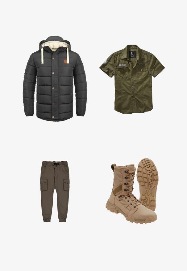 Veste noire matelassée avec capuche, dotée de cordons beiges, d'accents de boutons marron et d'une doublure intérieure douce de couleur crème.; Chemise olive verte à manches courtes en mélange de coton. Dotée de deux poches poitrine, d'une fermeture à boutons et de patches sur les épaules. Texture lisse.; Joggers cargo en coton vert olive avec une taille élastique, un cordon de serrage, des poignets côtelés et plusieurs poches latérales. Texture lisse et durable.; Botte tactique beige avec un lacet montant à la cheville et une semelle en caoutchouc robuste, une botte debout et une montrant le motif de la semelle.