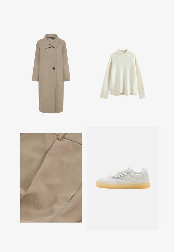 Beige uldfrakke med stor krave, enkelt knaplukning og trekvartlange ærmer. Glat tekstur med en struktureret form.; Cremefarvet sweater med ribbet høj hals, lange ærmer og en afslappet pasform. Struktureret strikstof og ribbestykke detalje i bunden.; Reiss PETITE FIT - EDEN ELASTICATED WAIST WIDE - Bukser - mink neutral; Hvide lædersneakers med perforerede detaljer, rund tå og cremefarvet gummisål. Har tonalt syning og et minimalistisk design.