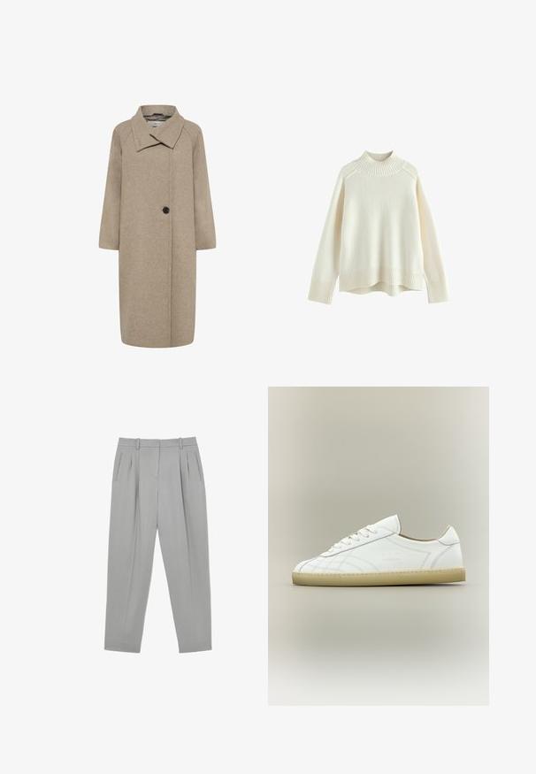 Beige uldfrakke med stor krave, enkelt knaplukning og trekvartlange ærmer. Glat tekstur med en struktureret form.; Cremefarvet sweater med ribbet høj hals, lange ærmer og en afslappet pasform. Struktureret strikstof og ribbestykke detalje i bunden.; Lysegrå formelle bukser med frontplisser, sidelommer, bæltestropper og en tilspidset benform.; Hvid lavtop lædersneaker med beige sål, snøredesign og subtile syede mønstre på neutral baggrund.