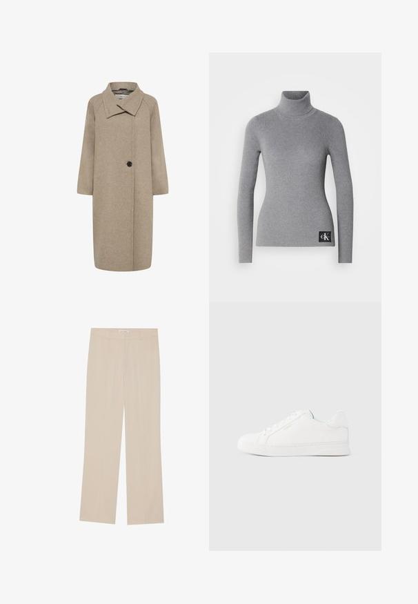 Beige uldfrakke med stor krave, enkelt knaplukning og trekvartlange ærmer. Glat tekstur med en struktureret form.; Grå ribbet turtleneck trøje med lange ærmer, tætsiddende design og et sort mærke med hvide initialer i bunden.; Beige vide ben bukser med en glat tekstur, der har en skræddersyet pasform, to forlommer og diskrete folder langs benene.; Hvid sneaker med øvre del i glat læder, flade snørebånd og et minimalistisk design. Har diskrete syninger og et logo på siden.