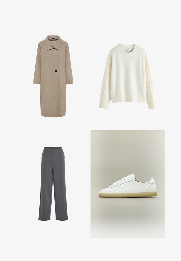 Beige uldfrakke med stor krave, enkelt knaplukning og trekvartlange ærmer. Glat tekstur med en struktureret form.; Next CREW NECK - Striktrøje - ecru; Lysegrå bukser med høj talje og vidde i benene, med bæltestropper og sidelommer, designet til en løs og behagelig pasform.; Hvid lavtop lædersneaker med beige sål, snøredesign og subtile syede mønstre på neutral baggrund.