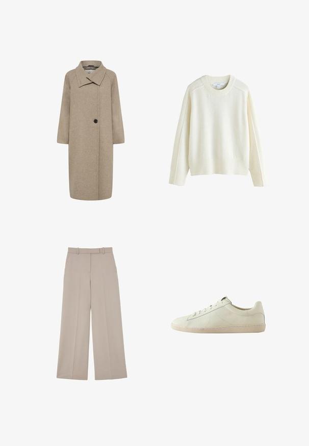 Manteau en laine beige avec un grand col, fermeture à un bouton, et manches trois-quarts. Texture lisse avec une forme structurée.; Next CREW NECK - Pullover - ecru; Pantalon beige à jambes larges avec passants de ceinture, poches avant et un pli au centre de chaque jambe.; Baskets basses en cuir blanc avec surface texturée, fermeture à lacets et semelle en caoutchouc beige, vues de côté sur fond blanc.