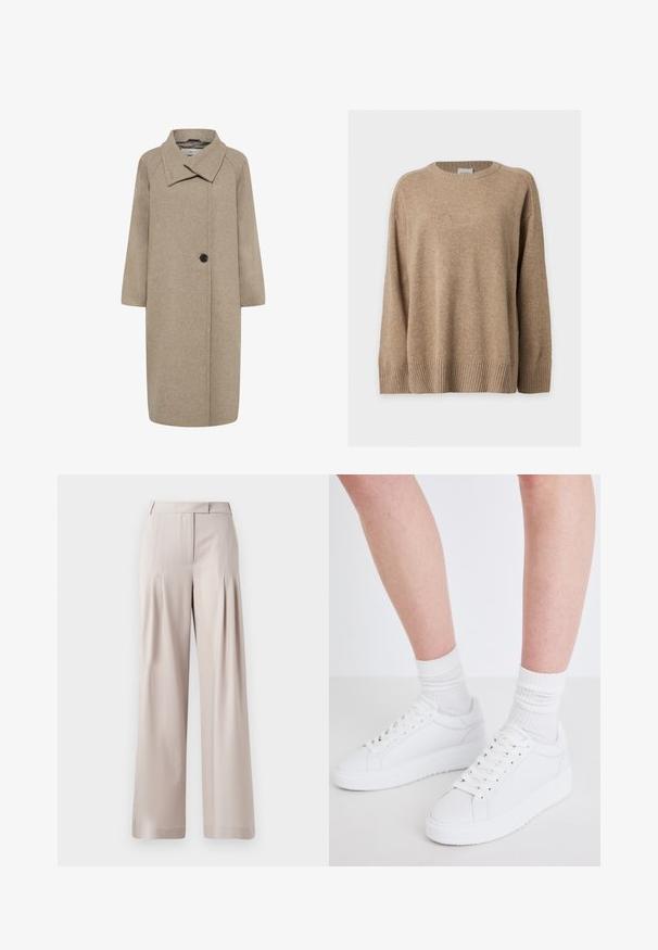 Manteau en laine beige avec un grand col, fermeture à un bouton, et manches trois-quarts. Texture lisse avec une forme structurée.; Pull en maille beige à manches longues avec poignets, bas et col rond côtelés, présenté à plat sur fond blanc.; Pantalons larges beiges avec une texture lisse, un design plissé à l'avant et une taille ajustée. Convient pour une tenue formelle ou décontractée.; Copenhagen Studios CPH72 - Baskets basses - white