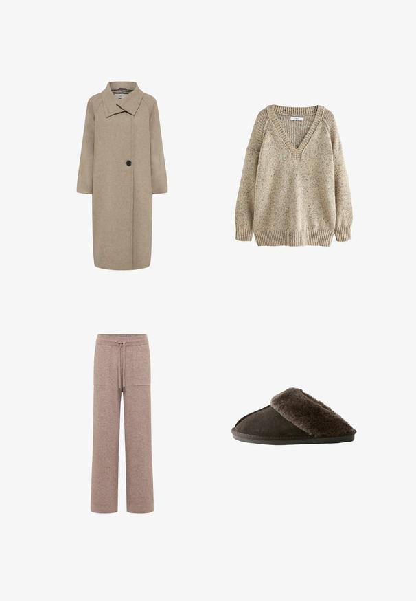 Beige uldfrakke med stor krave, enkelt knaplukning og trekvartlange ærmer. Glat tekstur med en struktureret form.; Beige strikket sweater med V-hals, ribbede manchetter og kant. Teksturen har et spottet mønster, der forbedrer den visuelle detalje.; Brune, vide bukser lavet af blødt materiale, med en dragsnor i taljen og to sidelommer for funktionalitet.; Mørkebrun slip-on tøfler med blød, pelslignende kant og flad sål, designet til indendørs komfort og varme.