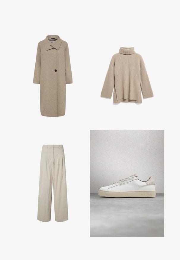 Beige uldfrakke med stor krave, enkelt knaplukning og trekvartlange ærmer. Glat tekstur med en struktureret form.; Beige rillede turtleneck sweater med en afslappet pasform, der har lange ærmer og en sideslidskant, lavet af et blødt, tekstureret strikstof.; Beige bukser med høj talje og vide ben med plisseringer og bæltestropper, foran lynlås og en ren kant mod en hvid baggrund.; Hvide lædersneakers med en glat overflade, beige ruskindsdetaljer, rund tå, flad snørebåndsdesign og en struktureret gummisål.