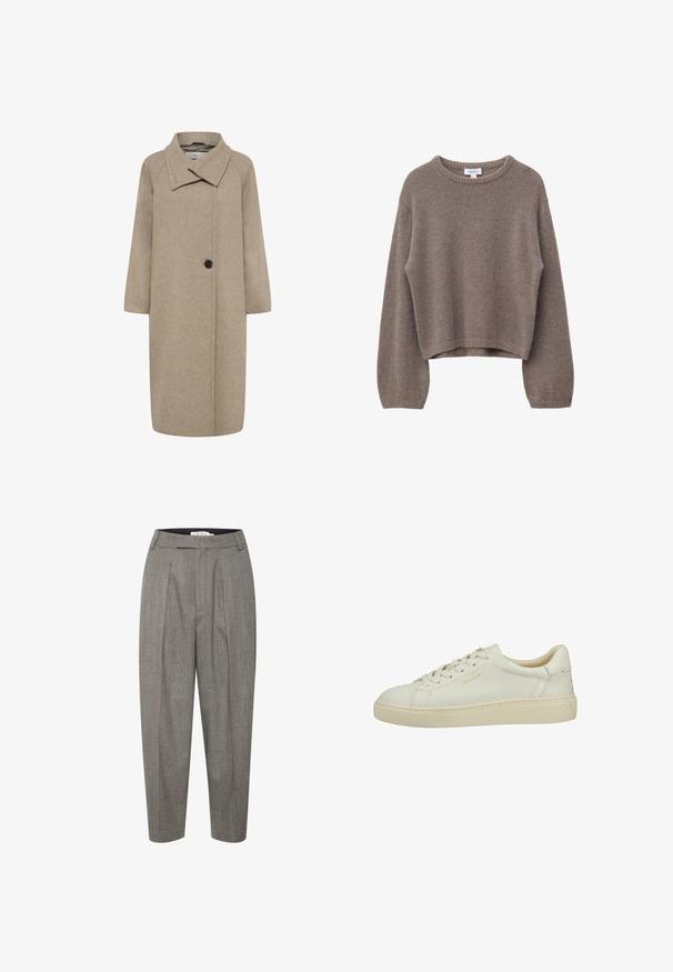 Beige uldfrakke med stor krave, enkelt knaplukning og trekvartlange ærmer. Glat tekstur med en struktureret form.; Brun cropped sweater lavet af blødt materiale, med rund halsudskæring, lange ærmer og ribbede manchetter og bund. Glat tekstur, uden mønstre.; Grå plisserede bukser i hørmønster med flad talje og tætsiddende ben, lavet af et glat materiale.; Lav sko i cremefarvet læder med snørebånd foran, struktureret sål og diskret "GANT" branding på siden og hælen.
