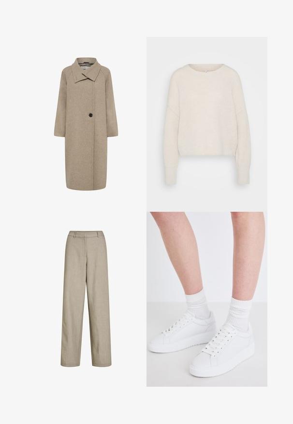 Beige uldfrakke med stor krave, enkelt knaplukning og trekvartlange ærmer. Glat tekstur med en struktureret form.; Creme, cropped striktrøje med rund halsudskæring, drop shoulder-søm og ribbede manchetter. Blød tekstur med løs pasform og minimalistisk design.; Beige bukser med høj talje og brede ben med bæltestropper og skjult frontlukning, lavet af letvægtsstof.; Copenhagen Studios CPH72 - Sneakers - white