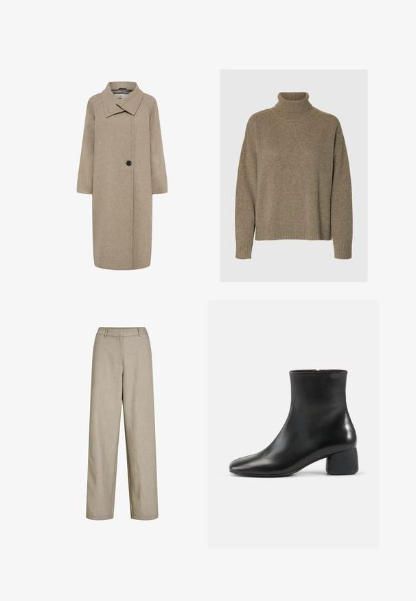 Beige uldfrakke med stor krave, enkelt knaplukning og trekvartlange ærmer. Glat tekstur med en struktureret form.; Rullekrave sweater i blødt brunt strik. Har brede ribbede manchetter og kant, med en afslappet pasform og tekstureret overflade.; Beige bukser med høj talje og brede ben med bæltestropper og skjult frontlukning, lavet af letvægtsstof.; Sort læderankelstøvle med afrundet firkantet tå, sidelås og chunky lav hæl på ensfarvet lys baggrund.