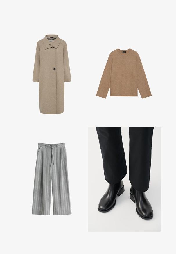 Beige uldfrakke med stor krave, enkelt knaplukning og trekvartlange ærmer. Glat tekstur med en struktureret form.; Brun strikket sweater med rund hals og lange ærmer. Blød tekstur, afslappet pasform og ribbet kant ved ærmer og bund. Brandetiket inde ved halsudskæringen.; Grå, vidde bukser med højtaljet pasform, med fine lodrette striber, frontlommer, en knap og et bundet bælte i taljen.; Sorte læder chelsea støvler med en glat tekstur, rund tå og en lav blokhæl, parret med sorte bukser.