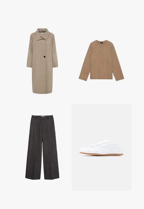 Beige uldfrakke med stor krave, enkelt knaplukning og trekvartlange ærmer. Glat tekstur med en struktureret form.; Brun strikket sweater med rund hals og lange ærmer. Blød tekstur, afslappet pasform og ribbet kant ved ærmer og bund. Brandetiket inde ved halsudskæringen.; Bredde bukser i mørkegrå stof. Har en skræddersyet talje med bæltesløjfer, glat tekstur og minimale syninger som detaljer.; Hvid lavtstående sneaker med snøresystem, glat læderoverdel, diskrete syninger og lysbrun gummisål.